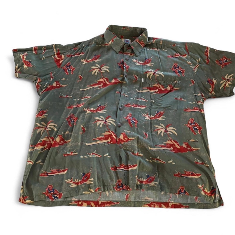 Vintage Green and Red Casual Button Down Shirt with Airplane Print